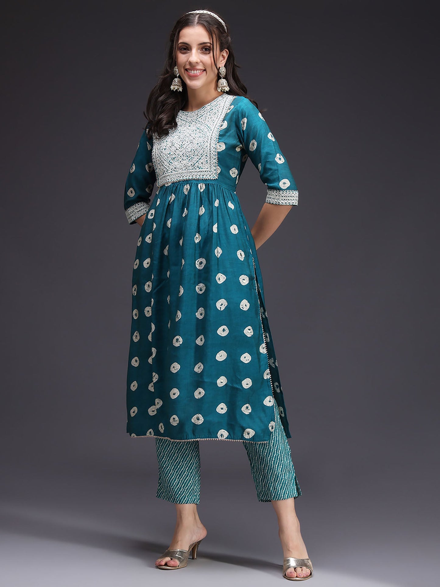 Heeposh Teal Embroidered Yoke Kurta & Pant (Set of 2)