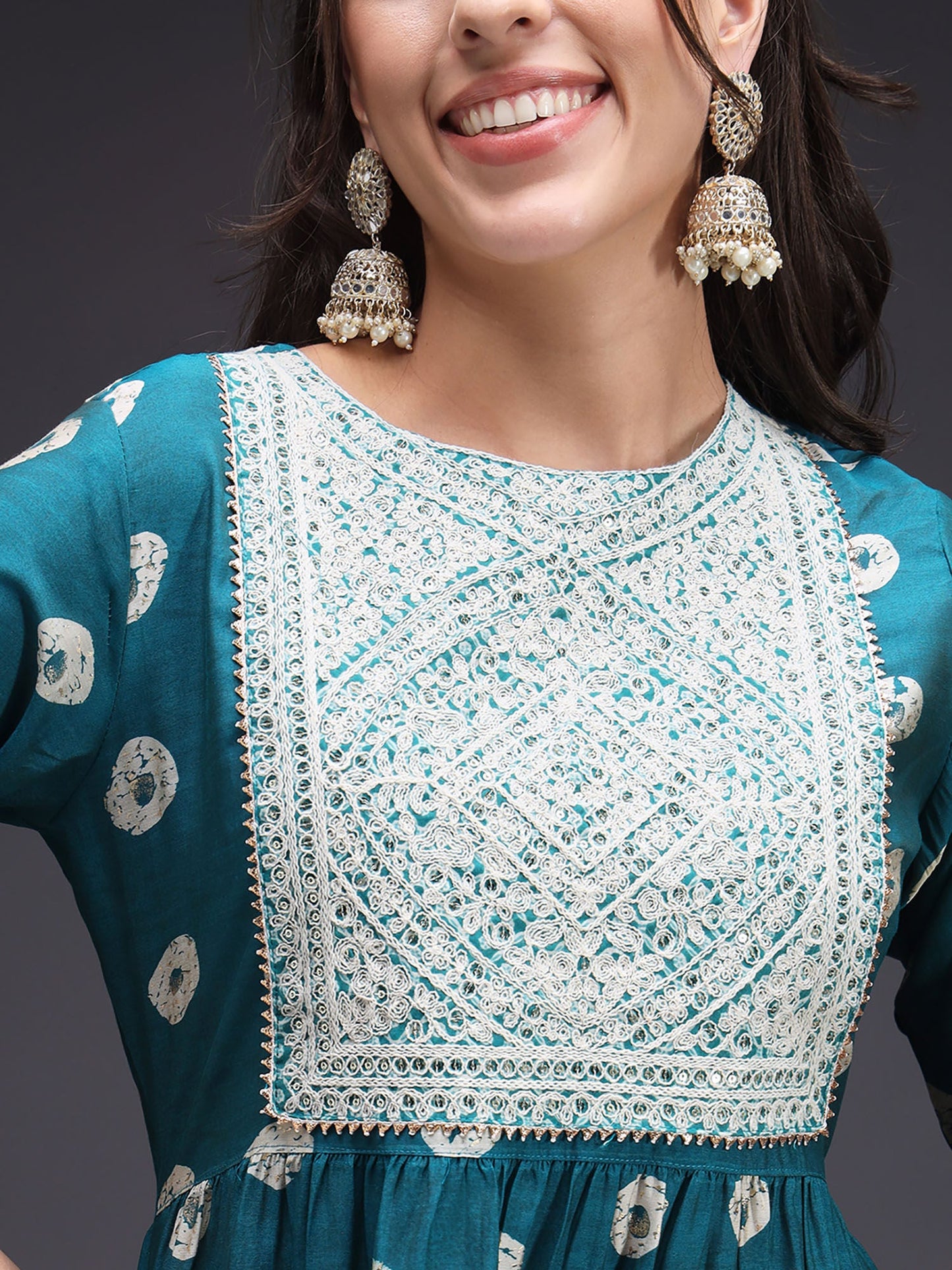 Heeposh Teal Embroidered Yoke Kurta & Pant (Set of 2)