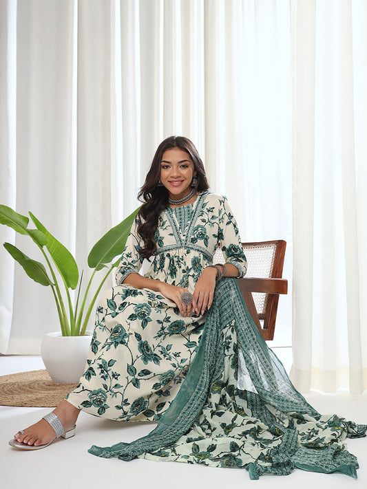 Heeposh Green Printed A-Line Kurta & Pant with Mulmul Dupatta (Set of 3)