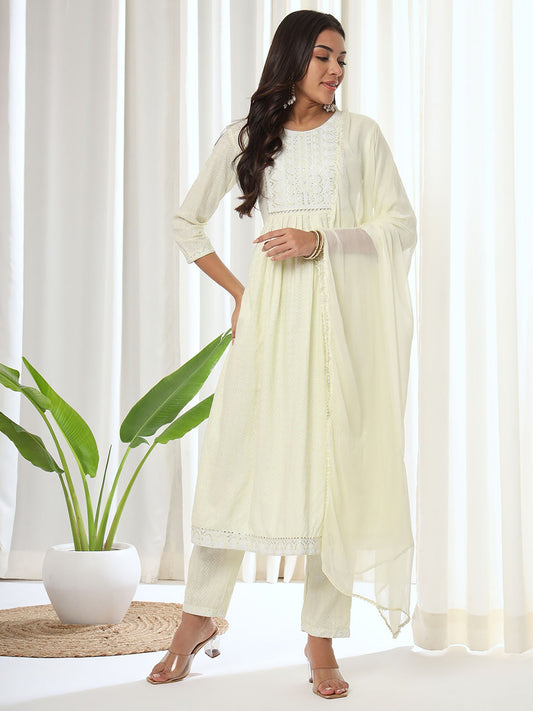 Heeposh Cream Printed A-Line Kurta & Pant with Dupatta (Set of 3)