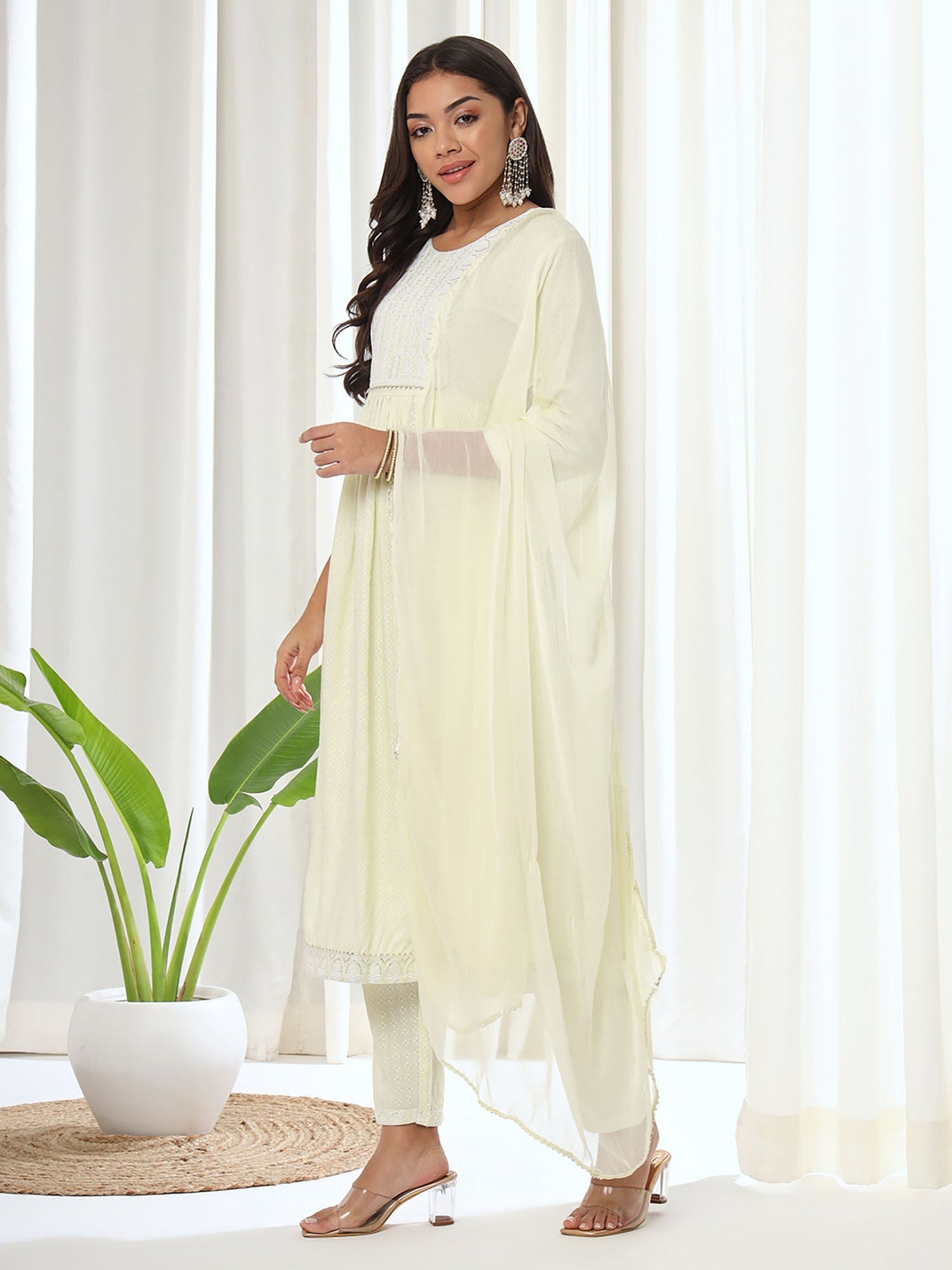 Heeposh Cream Printed A-Line Kurta & Pant with Dupatta (Set of 3)