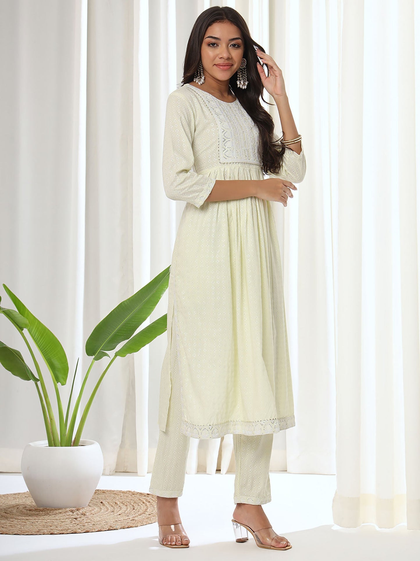 Heeposh Cream Printed A-Line Kurta & Pant with Dupatta (Set of 3)