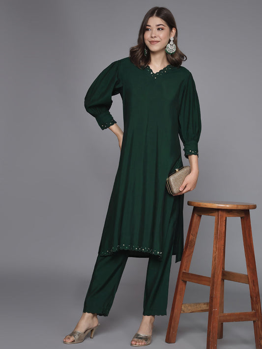 Heeposh Bottle Green Handwork Kurta & Pant (Set of 2)