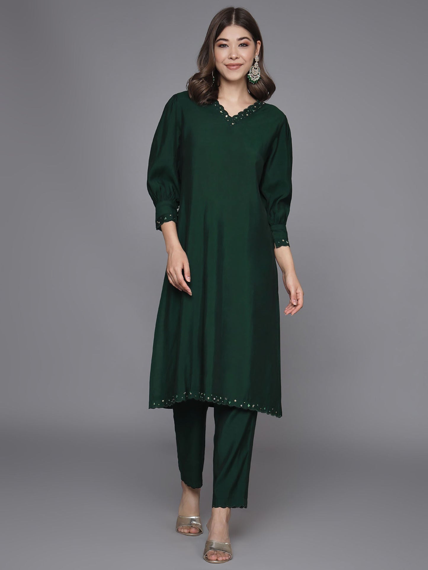 Heeposh Bottle Green Handwork Kurta & Pant (Set of 2)