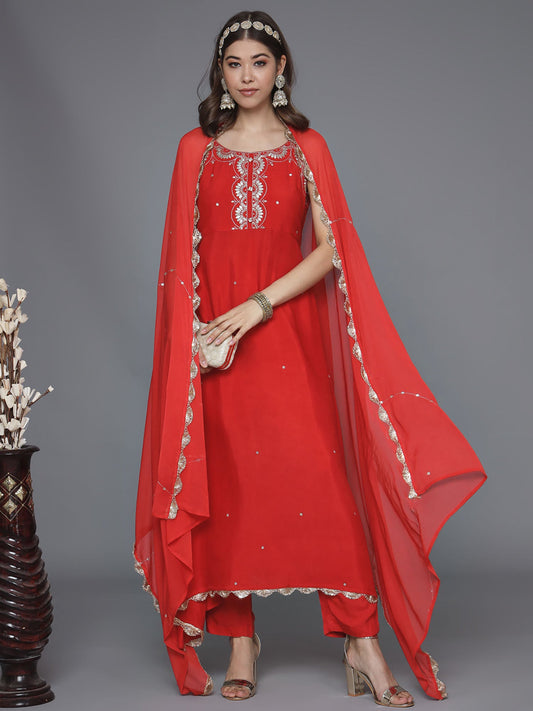 Heeposh Red Zari Embroidered Flared Kurta & Pant with Embellished Dupatta (Set of 3)