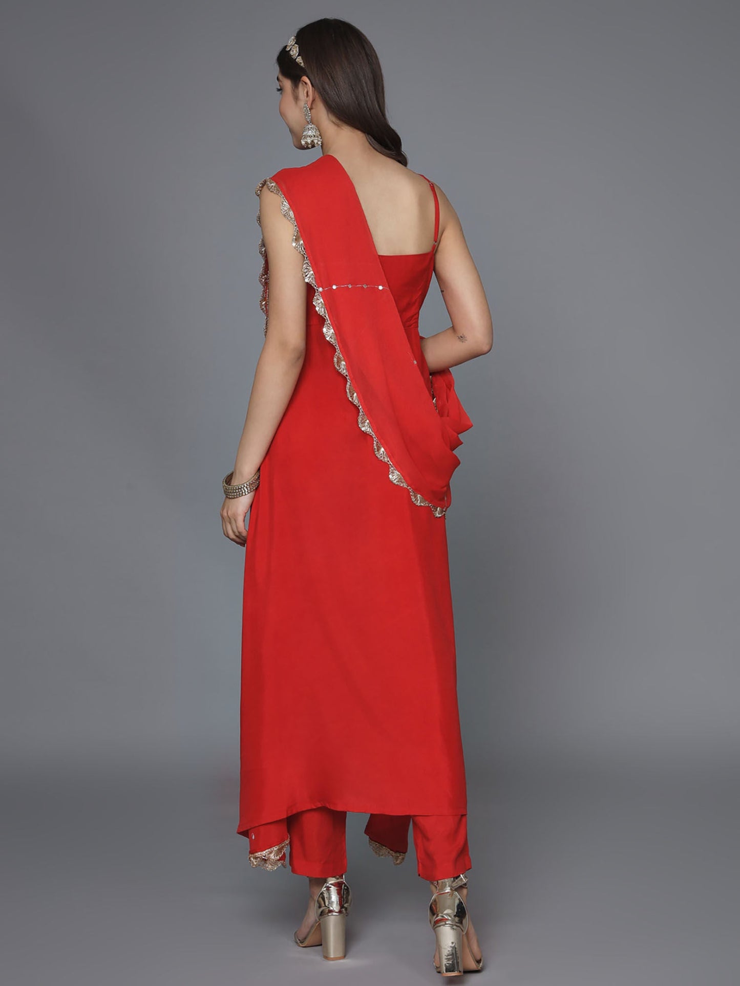Heeposh Red Zari Embroidered Flared Kurta & Pant with Embellished Dupatta (Set of 3)
