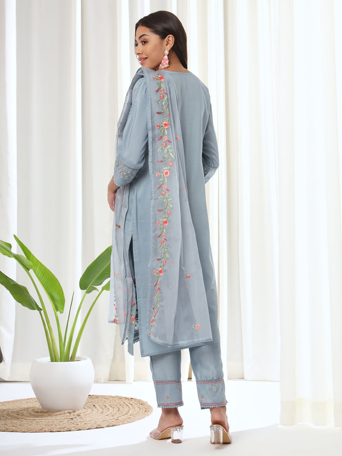 Heeposh Blue Embroidered Kurta & Pant with Organza Dupatta (Set of 3)