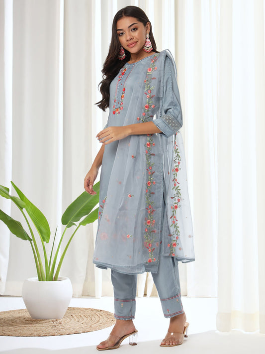 Heeposh Blue Embroidered Kurta & Pant with Organza Dupatta (Set of 3)