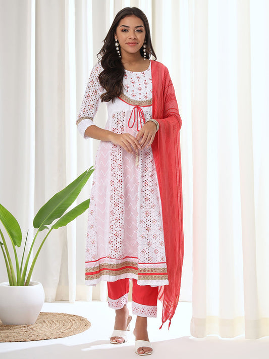 Heeposh White Schiffli Embroidered Cotton Anarkali Kurta & Pant with Dupatta (Set of 3)