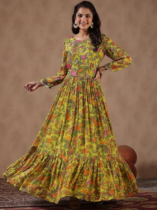 Scakhi Floral Printed Gathered Detail Chinon Silk Gown Maxi Length Ethnic Dress