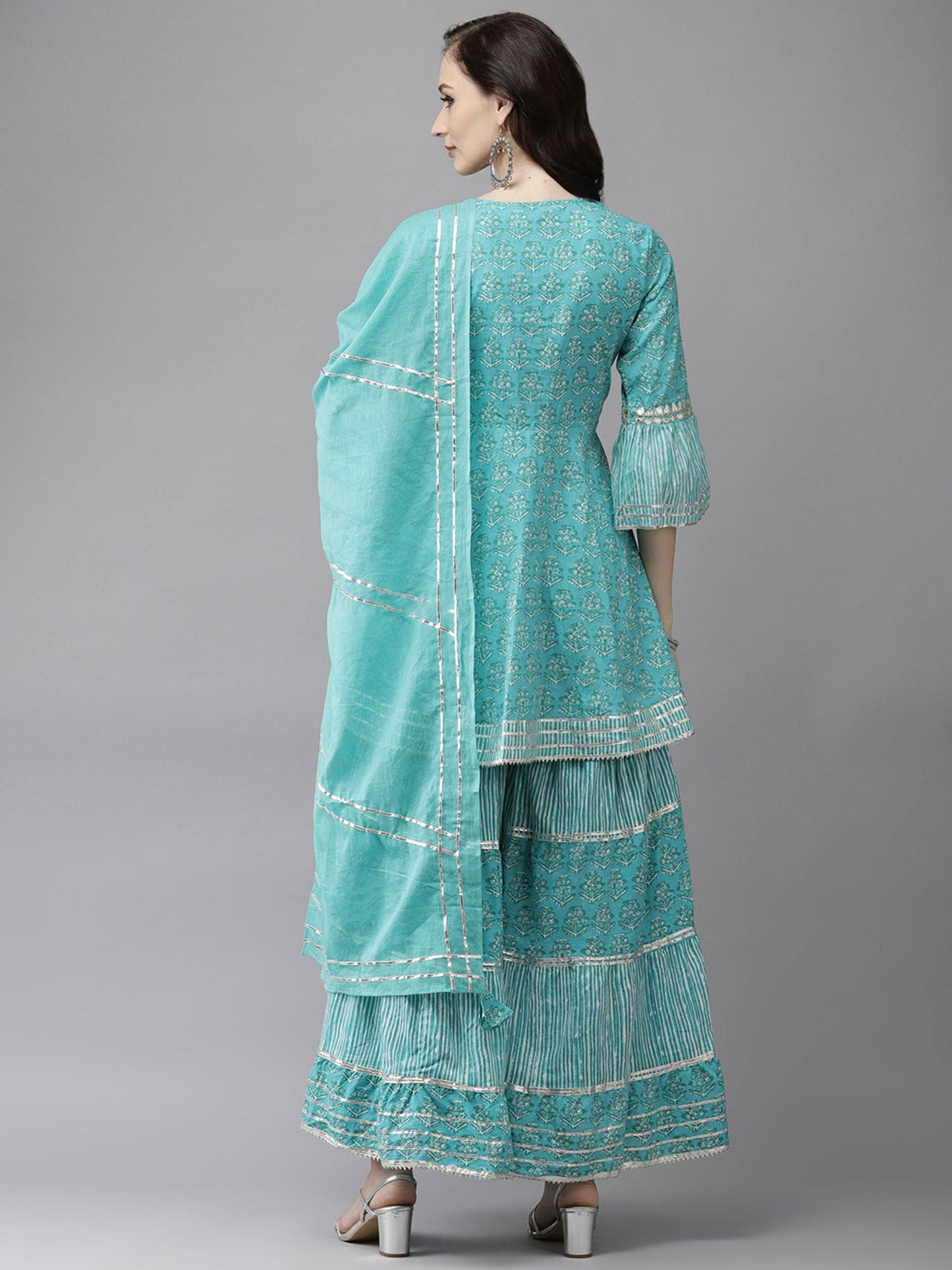 ISHIN womens Sea Green Zari Embroidered Angrakha Kurta With Sharara & Dupatta (Set of 3)