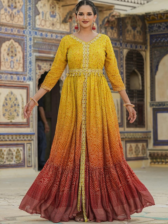 Scakhi Bandhani Printed Mirror Work Gown Maxi Ethnic Dress With Belt