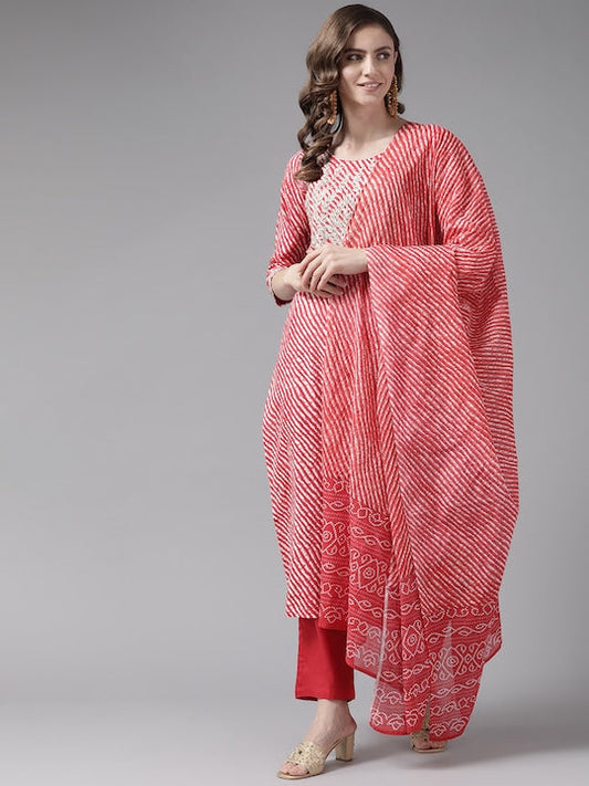 Yufta Women Red Leheriya Printed Zardozi Kurta with Trousers & With Dupatta