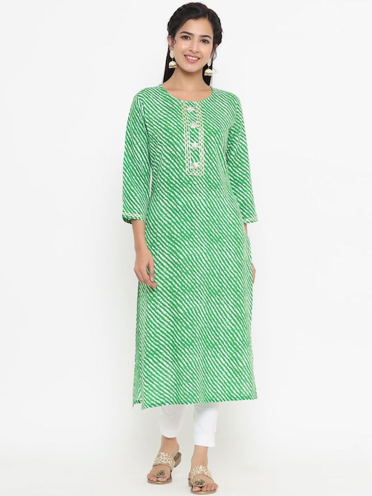 Yufta Women Green Leheriya Printed Kurta