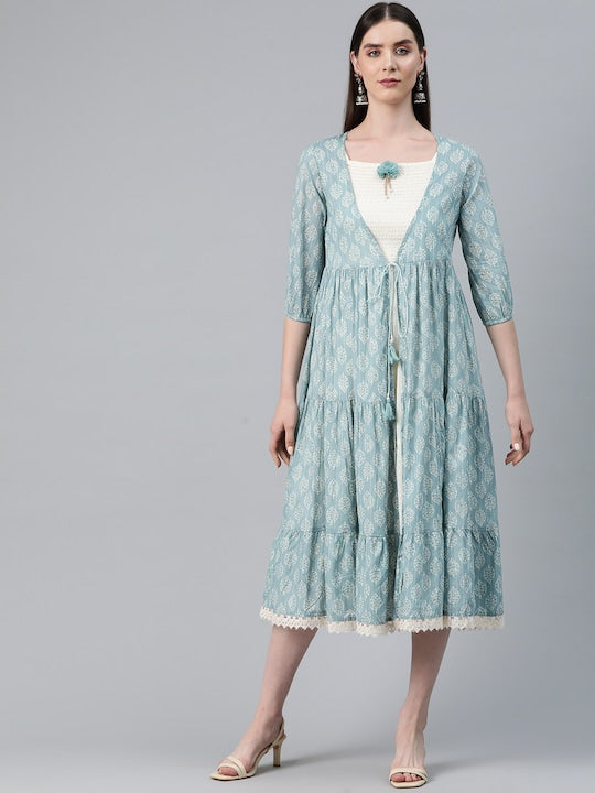 Readiprint Fashions Floral Print Smocked Midi Tiered Dress with Jacket