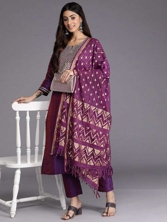 Varanga Women Purple & Gold-Toned Ethnic Motifs Embroidered Gotta Patti Kurta with Trousers & Dupatta
