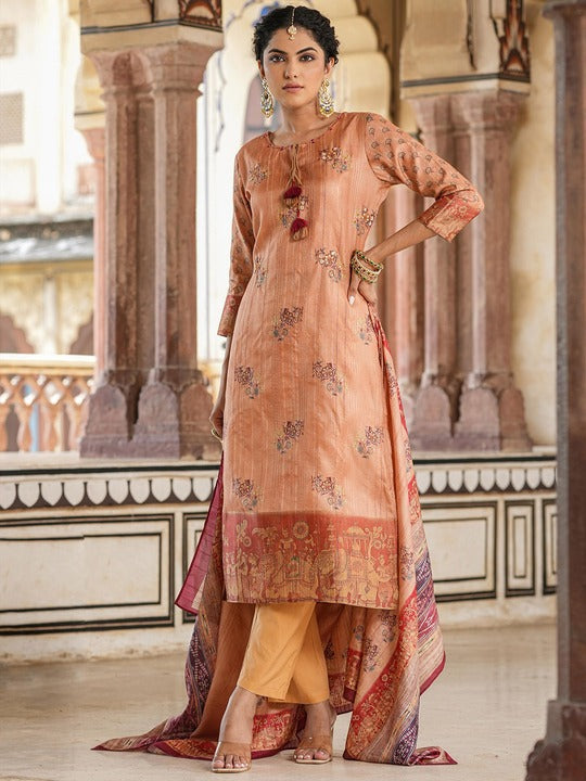 Scakhi Floral Printed Mirror Work Kurta With Trousers & Dupatta