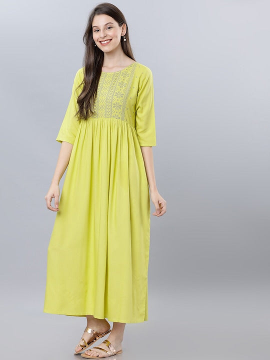 Vishudh Women Lime Green Embroidered Maxi Dress