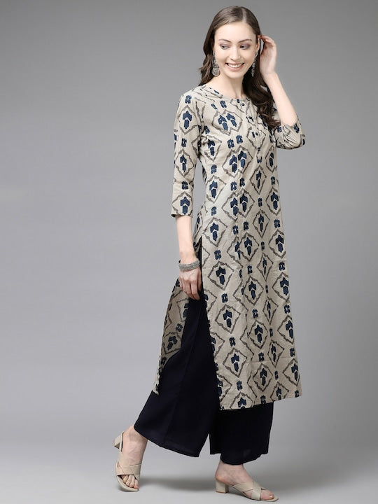 Yufta Women Beige & Navy Blue Printed Pure Cotton Kurta with Palazzos & Dupatta
