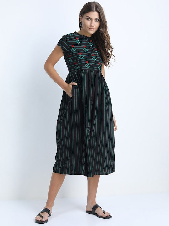 Vishudh Black & Green Striped Ethnic Midi Dress