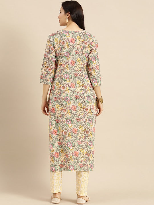 Varanga Women Sea Green & Mustard Yellow Printed Kurta with Trousers