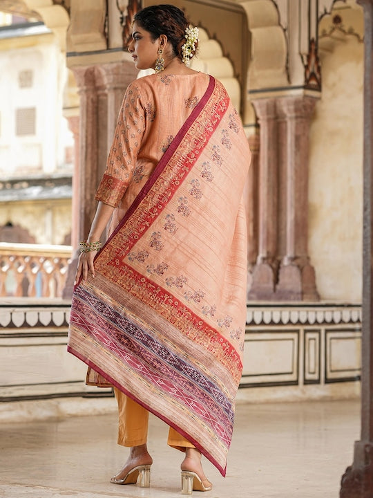 Scakhi Floral Printed Mirror Work Kurta With Trousers & Dupatta