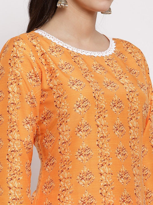 Myshka Women Orange Printed Regular Pure Cotton Kurta with Trousers & With Dupatta - M