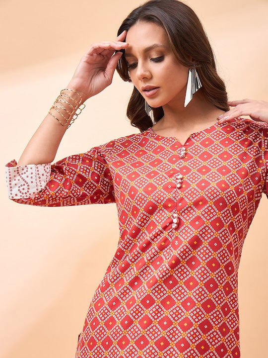 All about you Bandhani Printed V-Neck Regular Straight Kurta With Trousers