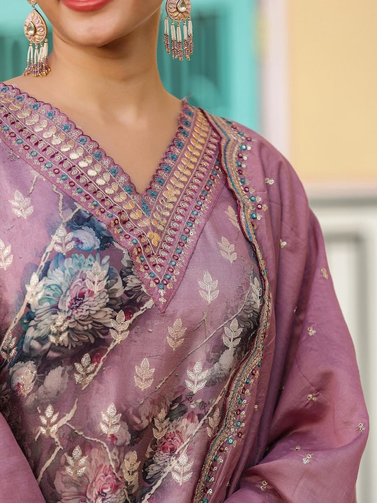 Scakhi Floral Printed Regular Thread Work Pure Silk Kurta with Trousers & With Dupatta