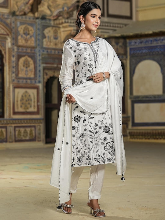 Scakhi Floral Embroidered Dobby Weave Chikankari Kurta & Trousers With Dupatta