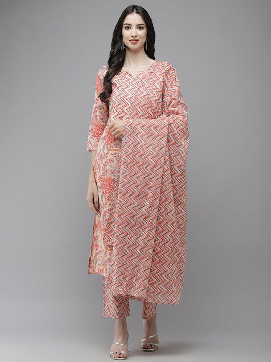 Yufta Women Pink Floral Printed Regular Gotta Patti Pure Cotton Kurta with Trousers & With Dupatta - S