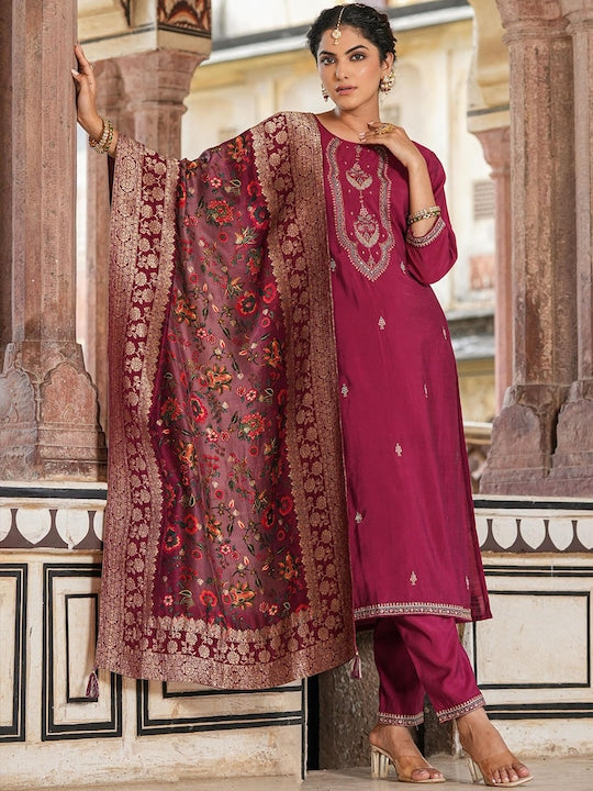 Scakhi Floral Embroidered Regular Kurta with Trousers & Dupatta