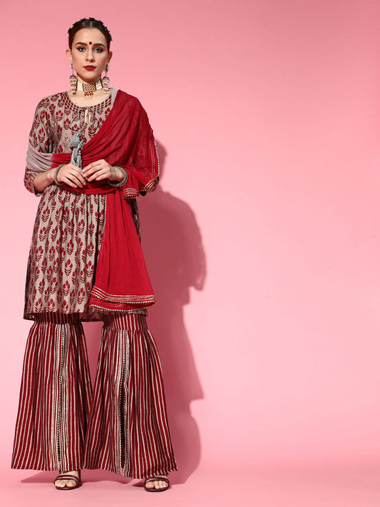ISHIN womens Silk Blend Grey & Maroon Embroidered Anarkali Kurta Sharara Dupatta (Set of 3)