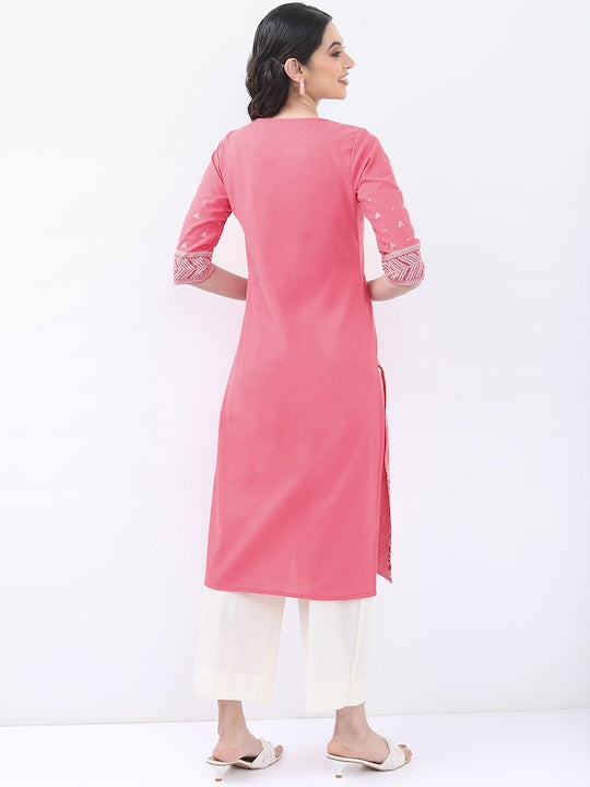 Vishudh Keyhole Neck Ethnic Motifs Printed Straight Cotton Kurta