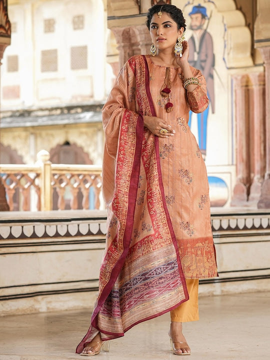 Scakhi Floral Printed Mirror Work Kurta With Trousers & Dupatta