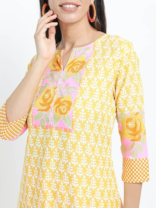Vishudh Women Mustard & Pink Floral Printed Kurta with Palazzo and Dupatta