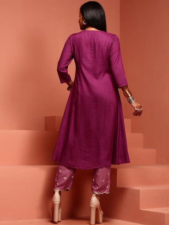 IMARA Floral Yoke Design Thread Work Pleated A-Line Kurta With Trouser