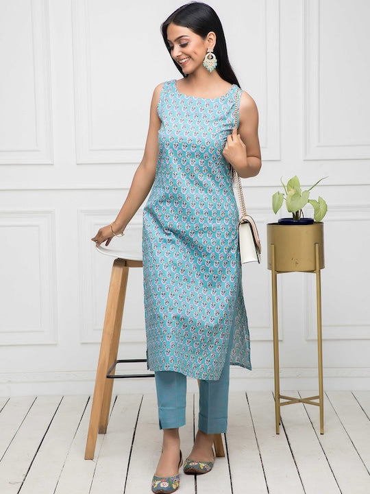 Myshka Floral Printed Sleeveless Straight Kurta