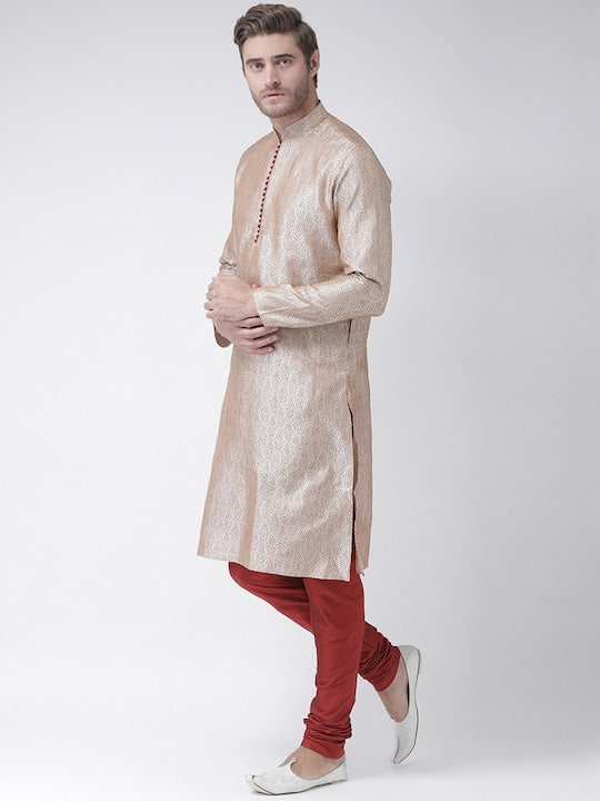 Deyann Men Cream-Coloured & Red Self Design Kurta with Churidar