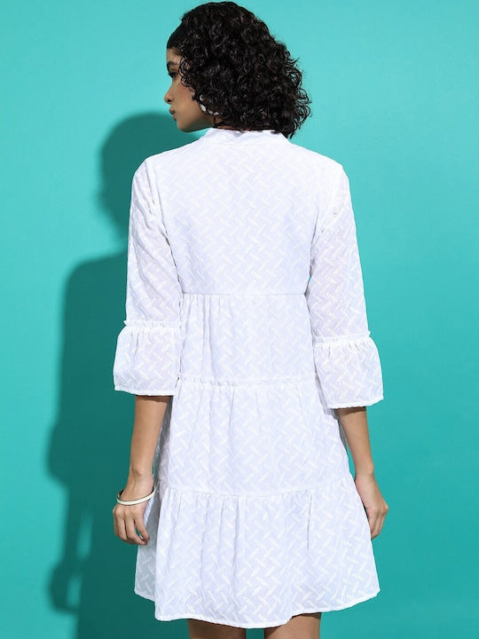 Vishudh White Embroidered Bell Sleeves Tiered A-Line Dress
