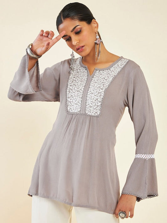 Soch Floral Embroidered Notched Neck Bell Sleeves Tunic