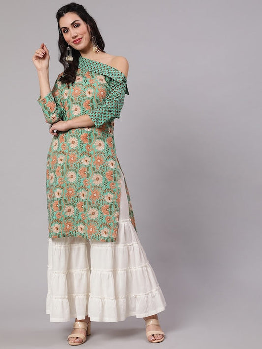 AKS Floral Printed Round Neck Cotton Straight Kurta