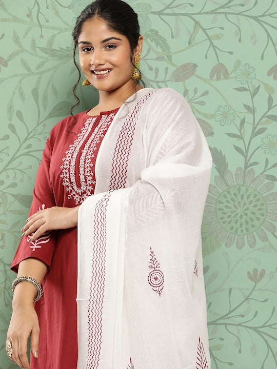 Yufta Plus Size Ethnic Motifs Embroidered Pure Cotton Kurta with Palazzos & With Dupatta Maroon