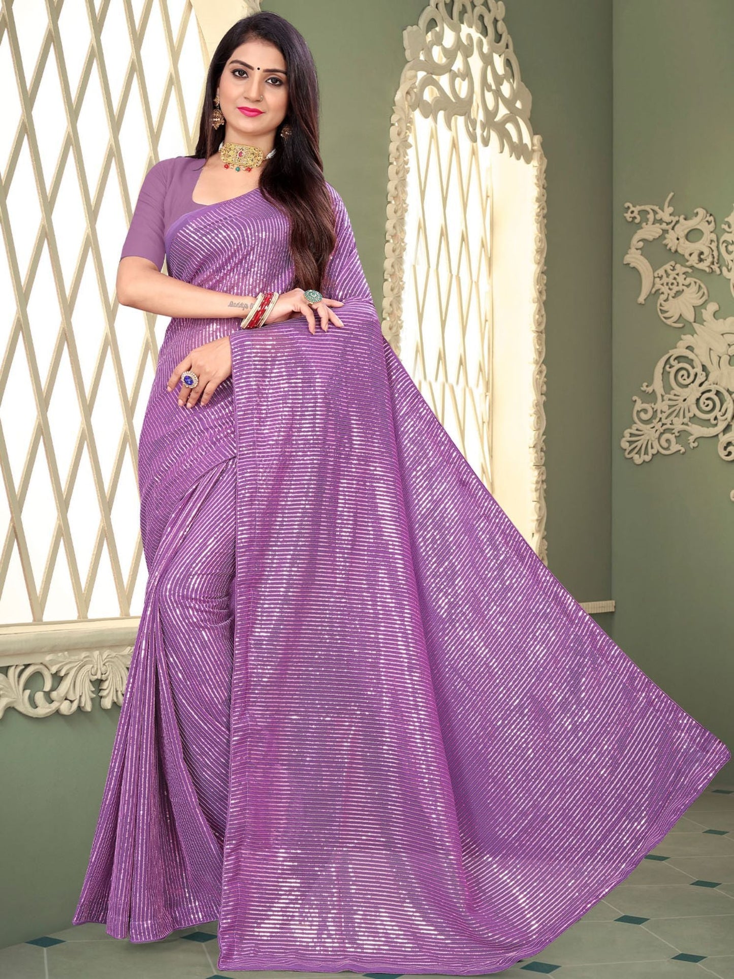 Odette Sparkling Lavender Sequins Saree with Unstitched Blouse