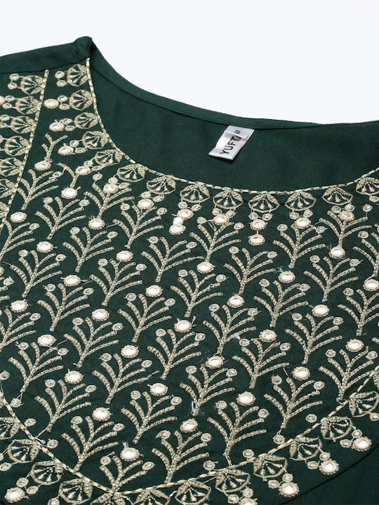 Yufta Women Green & Gold Ethnic Motifs Yoke Design Mirror Work Straight Kurta