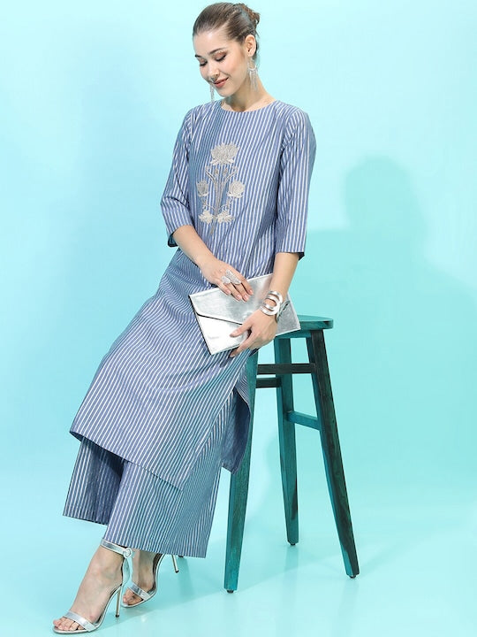 Vishudh Women Blue Striped Kurta with Palazzos