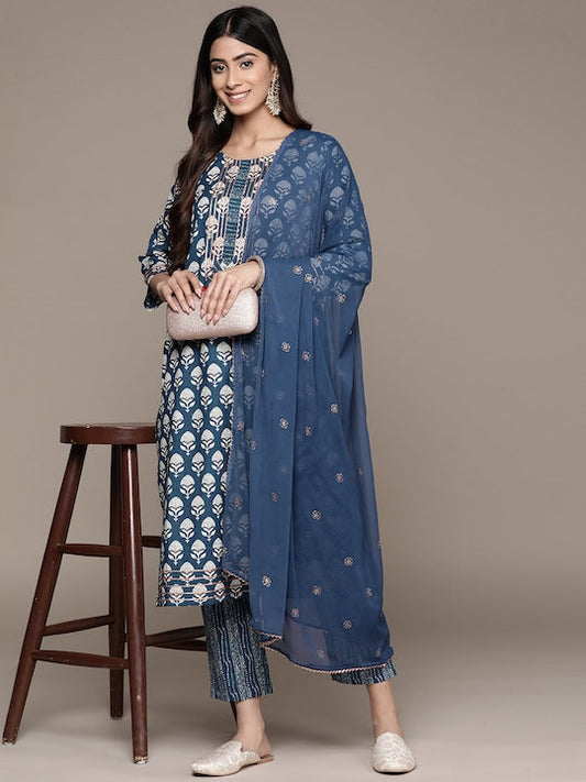 Anubhutee Women Blue Floral Printed Gotta Patti Pure Cotton Kurta with Trousers & With Dupatta