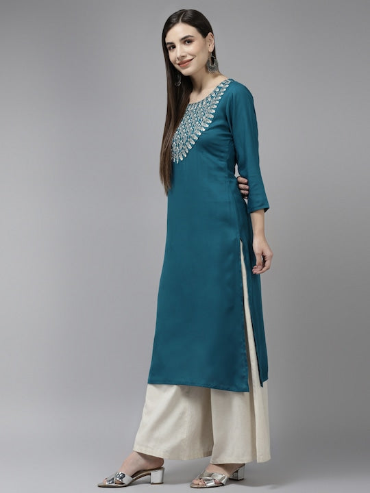 Yufta Women Teal Blue Yoke Design Mirror Work Kurta
