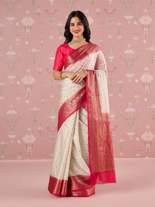 Likha Off White Karigar Korner Warm Silk Gold Zari Work Pujo Saree with Unstiched Blouse LIKKKSAR07