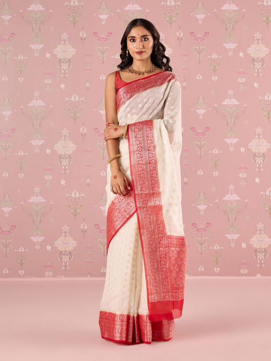 Likha Off White Karigar Korner Cotton Zari Work Pujo Saree with Unstitched Blouse LIKKKSAR05